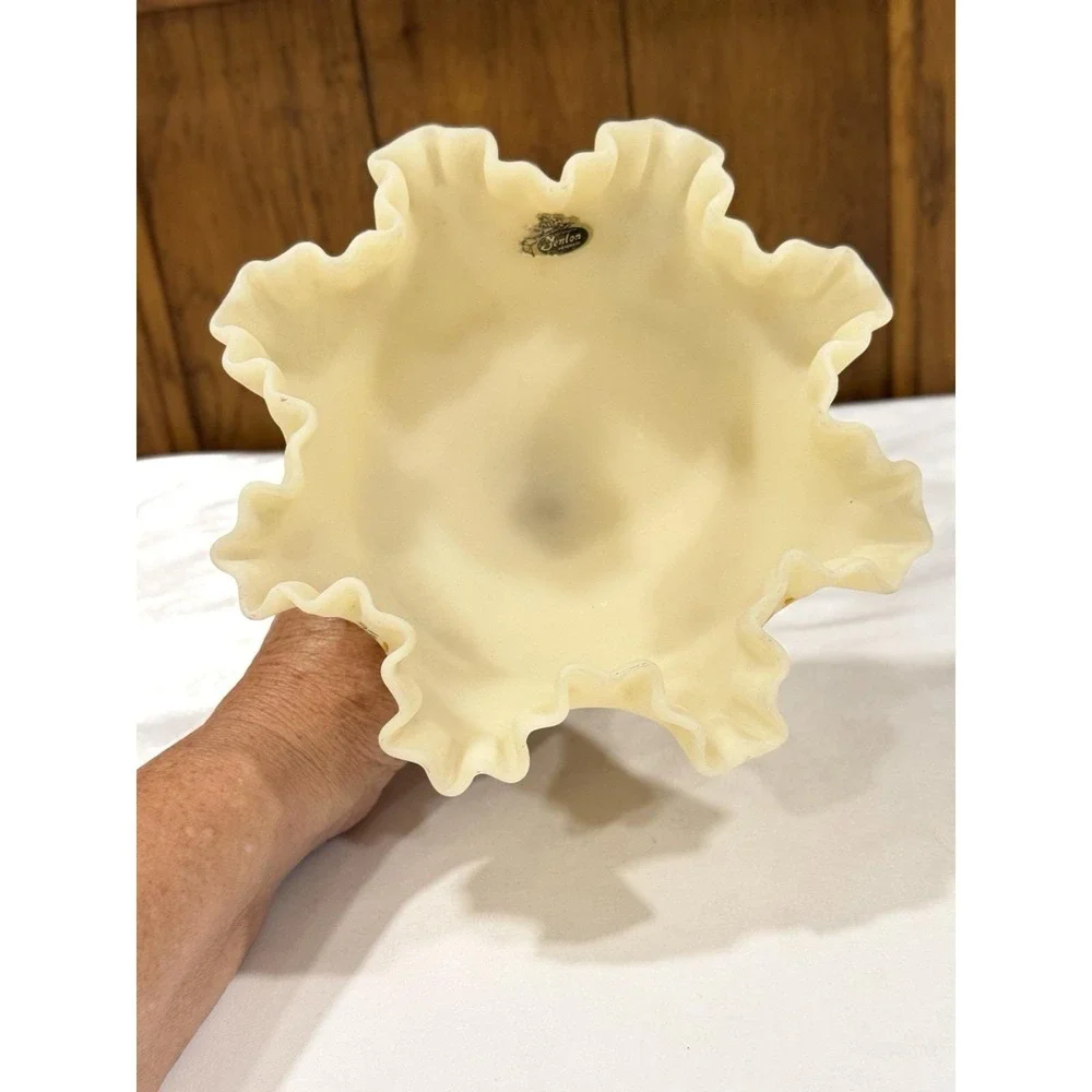 Fenton Satin Custard Compote Pedestal Ruffle Top Candy Dish Bowl Hand Painted